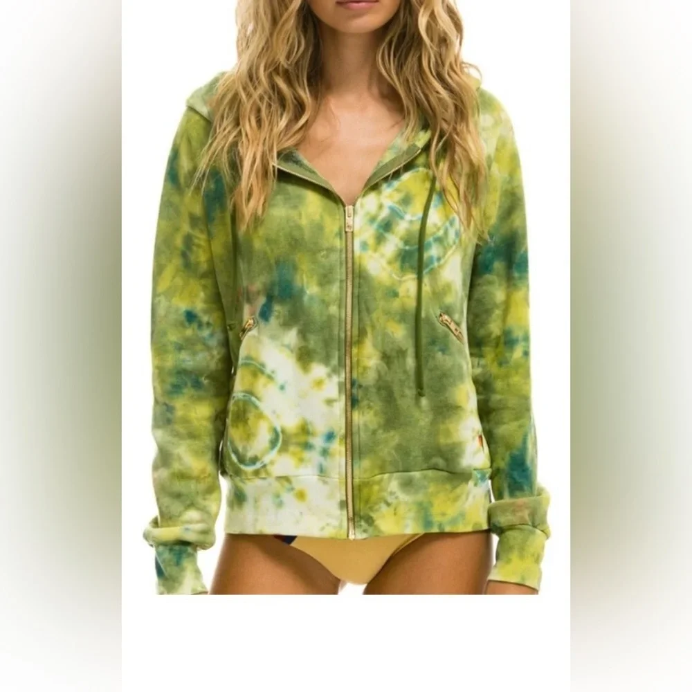 Aviator Nation Junior Kids Zipper Hoodie Tie Dye in Lime Yellow Unisex Size 14